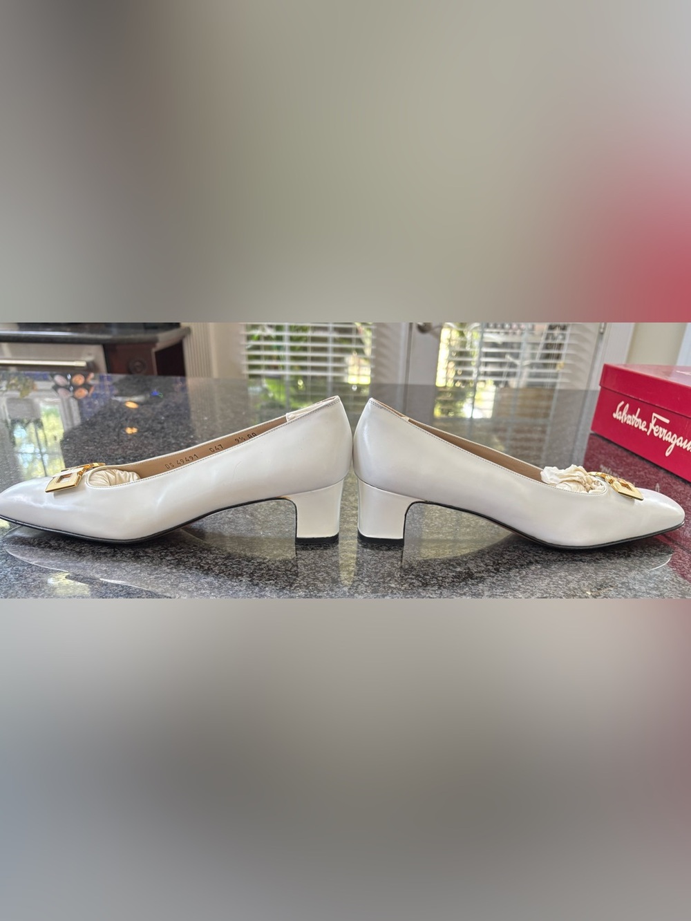 Salvatore Ferragamo Ivory Leather Low Heel Pumps with Bow and Gold Accent 9.5AA